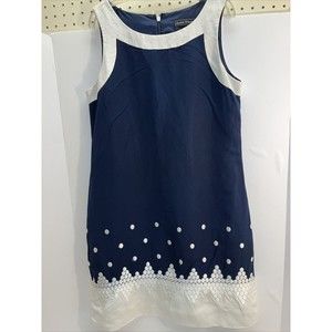 J. HOWARD Linen Blend White Black Polka Dot Dress Size 6 Lined Geo Embroidered